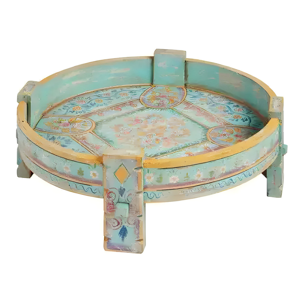 Turquoise hand-painted carved chakki table, round low wood tray table with floral motifs, angled view