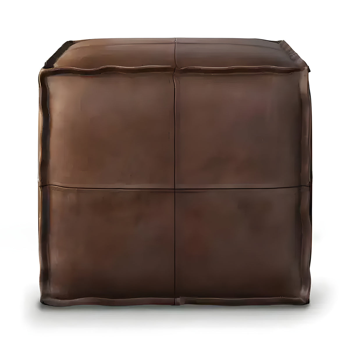 Dark chocolate brown genuine leather square pouf, front view, four-panel stitching