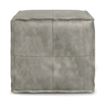 Gray genuine leather square pouf ottoman, front flat view, 4-panel stitched cover on white bg