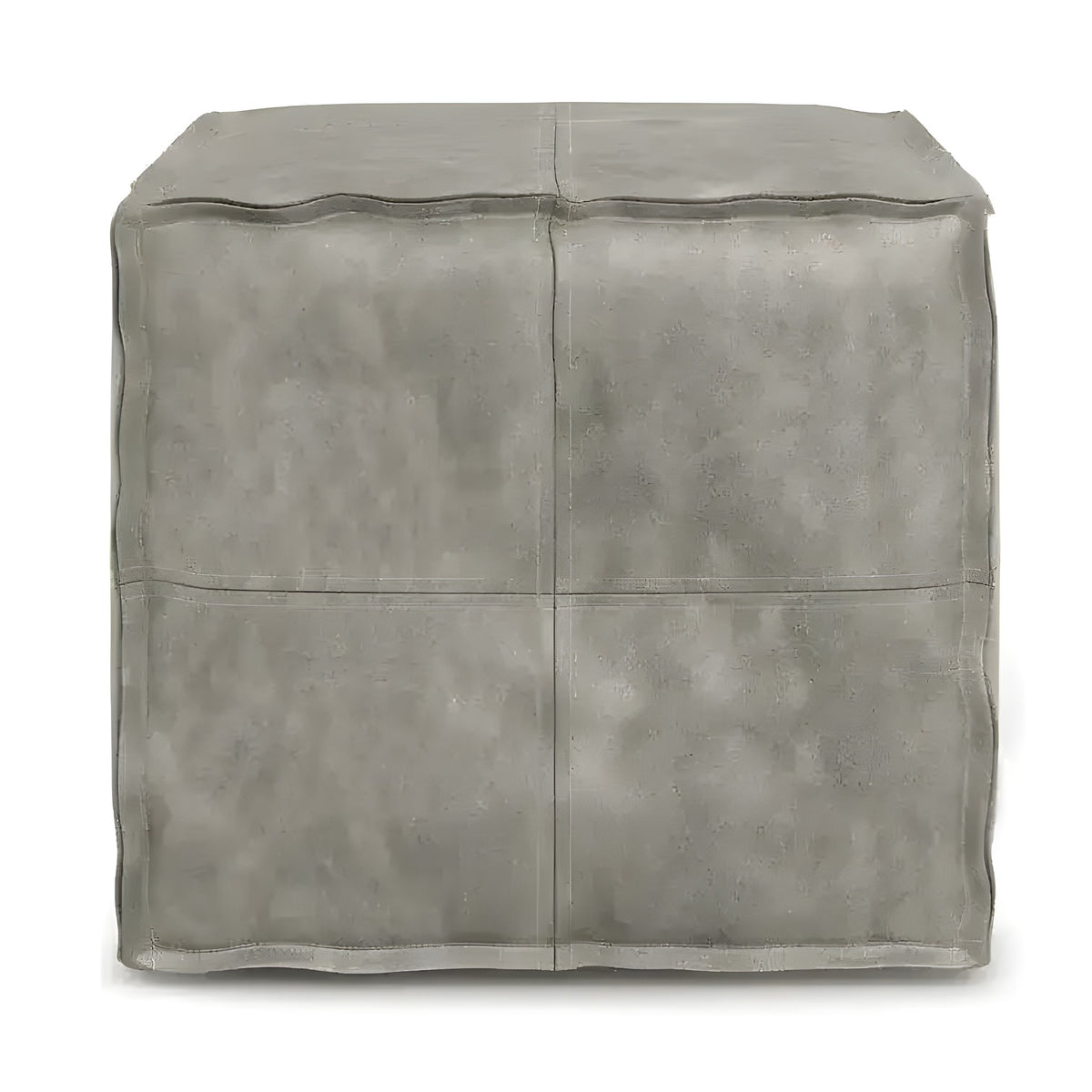 Gray genuine leather square pouf ottoman, front flat view, 4-panel stitched cover on white bg