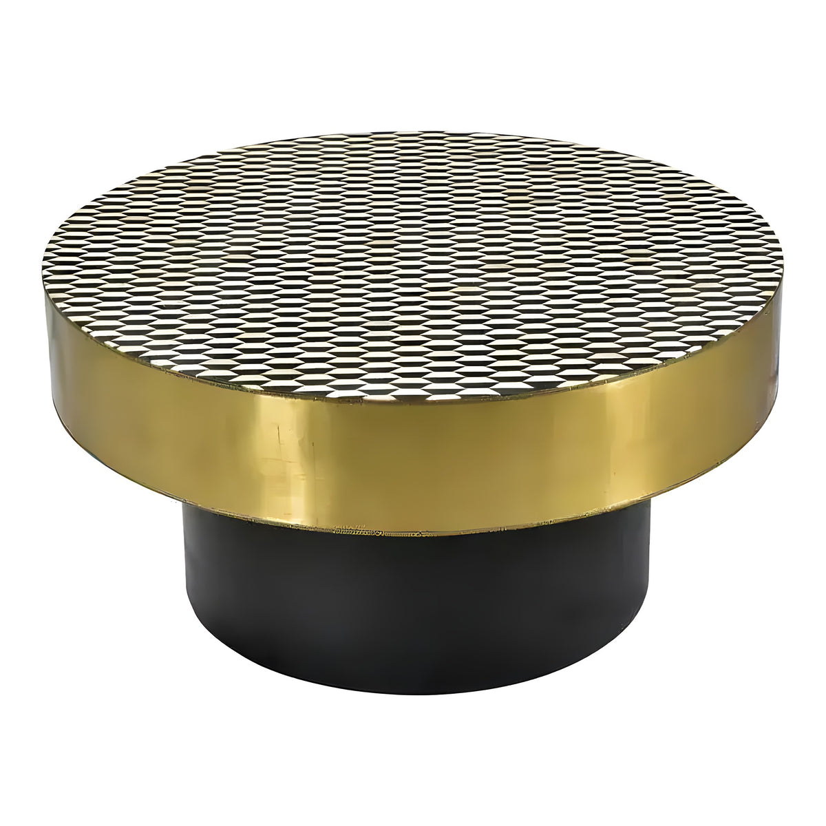 Round bone inlay Parisian coffee table, black-and-white hexagonal pattern top, gold brass rim, black cylindrical pedestal base, white bg