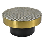 Round bone inlay Parisian coffee table, black-and-white hexagonal pattern top, gold brass rim, black cylindrical pedestal base, white bg