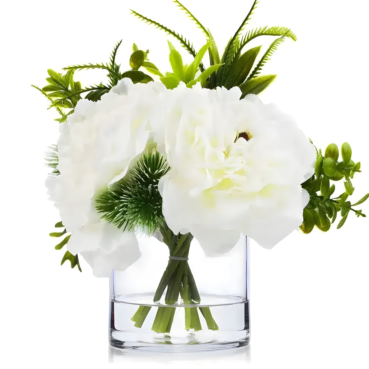 Cream peony blooms with ferns and buds in cylindrical clear glass vase, cream colorway