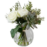 Faux Belmonte arrangement on white background, white roses, gray-green succulent, berry buds in clear globe vase
