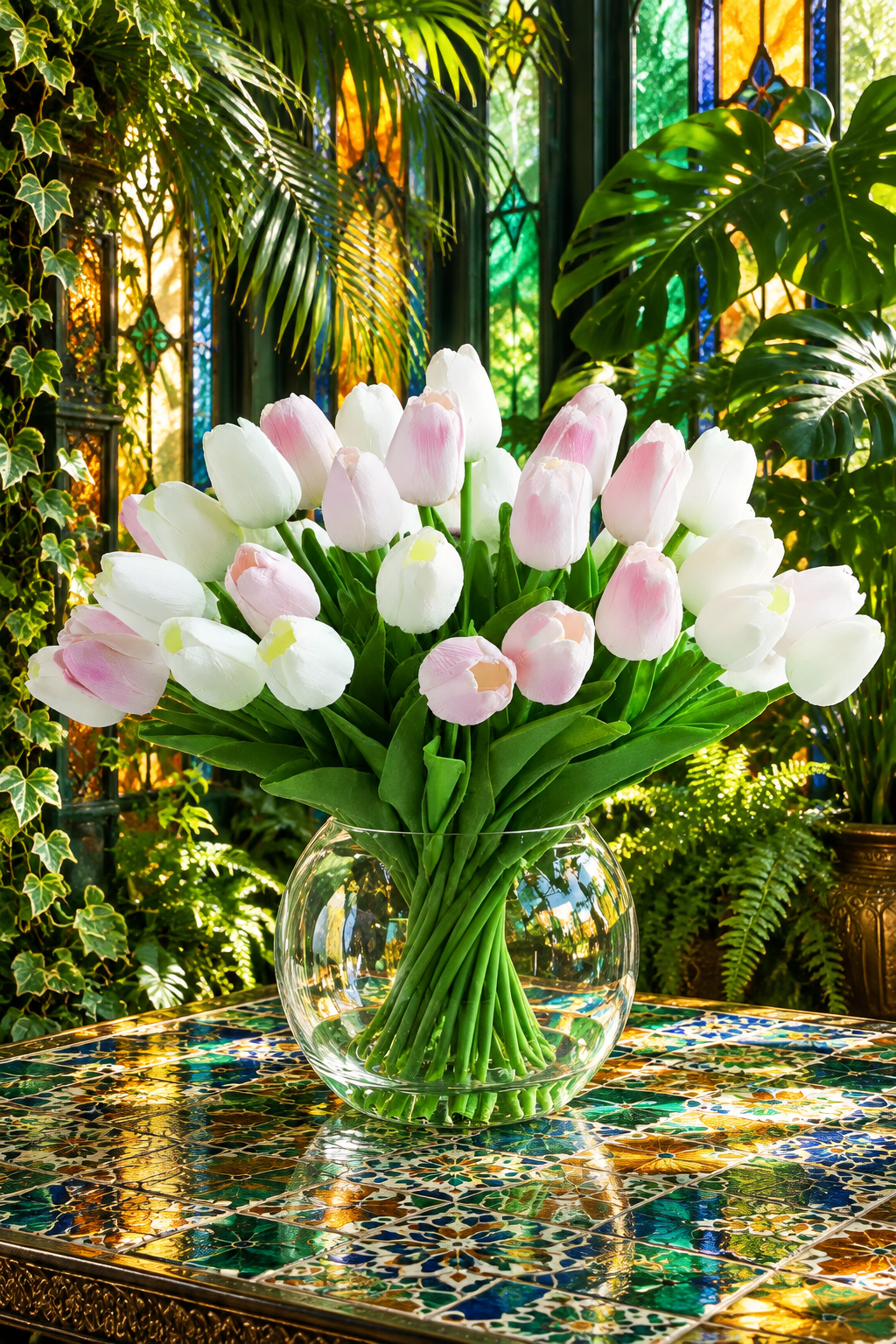 Artificial Tulip Floral Arrangement in Glass Vase