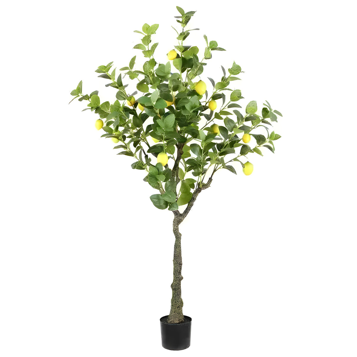 Faux lemon tree in black pot — tall slender trunk, broad green canopy with bright yellow artificial lemons, white background
