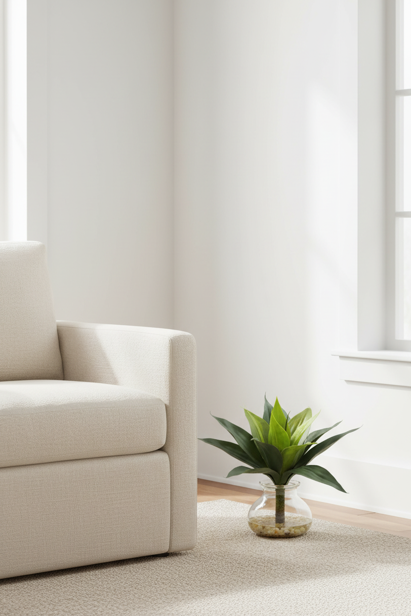 A modern light beige armchair in a bright, minimalist room next to a small green potted plant in a clear glass vase on a light rug.