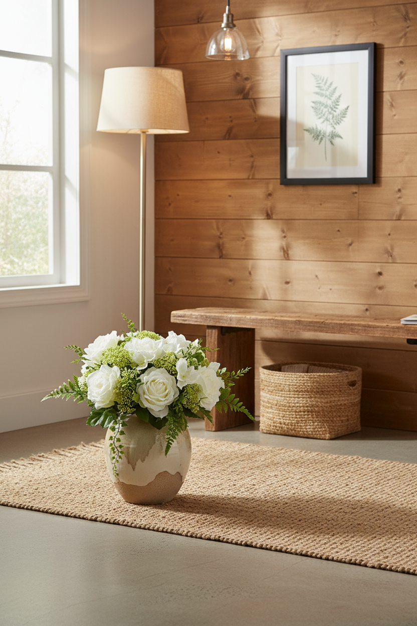 A ceramic vase filled with white roses and green foliage sits on a woven rug in a bright, modern room with wood-paneled walls, a floor lamp, and a bench.