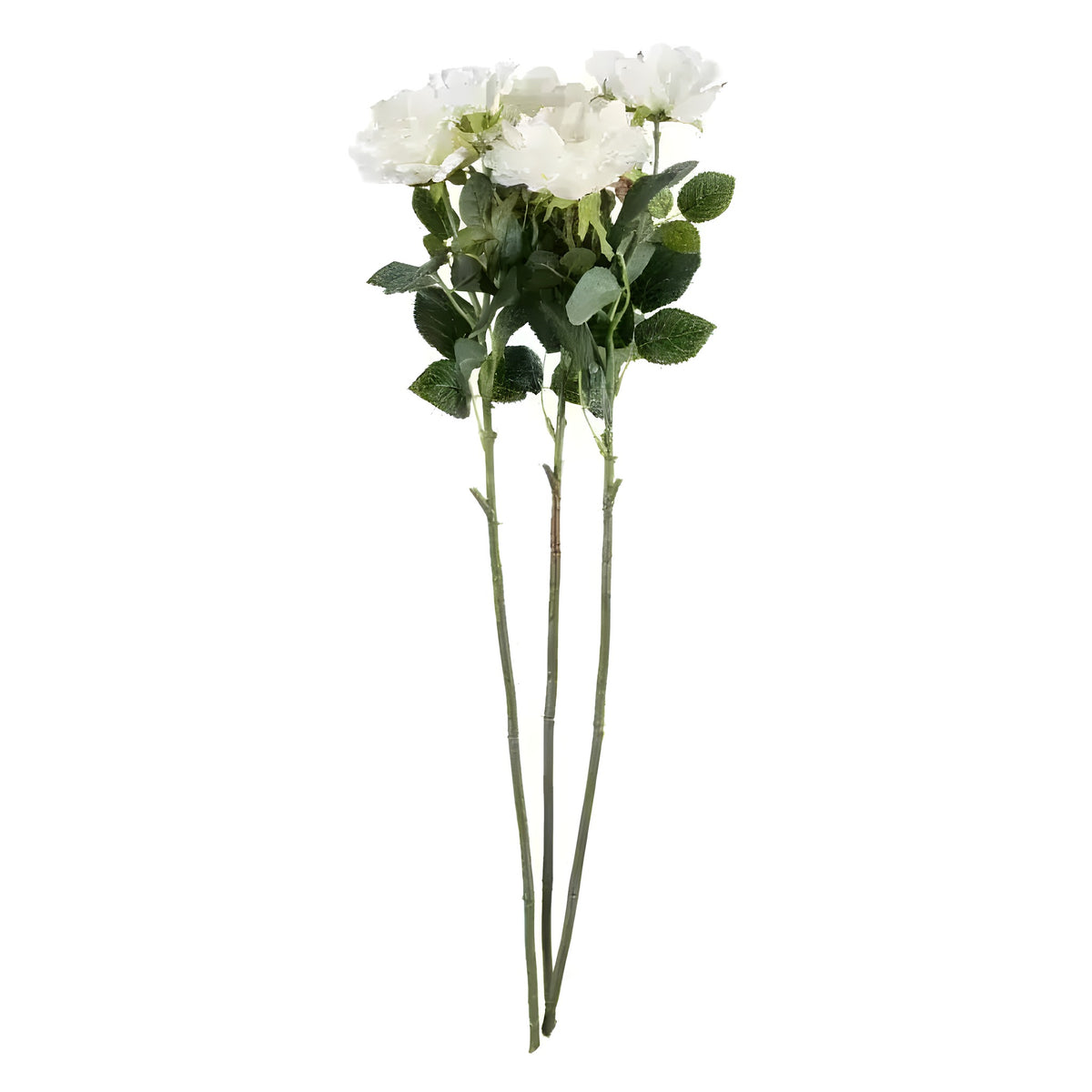 Set of 3 tall artificial rose stems — white blooms with dark green leaves on slim green stems, white background