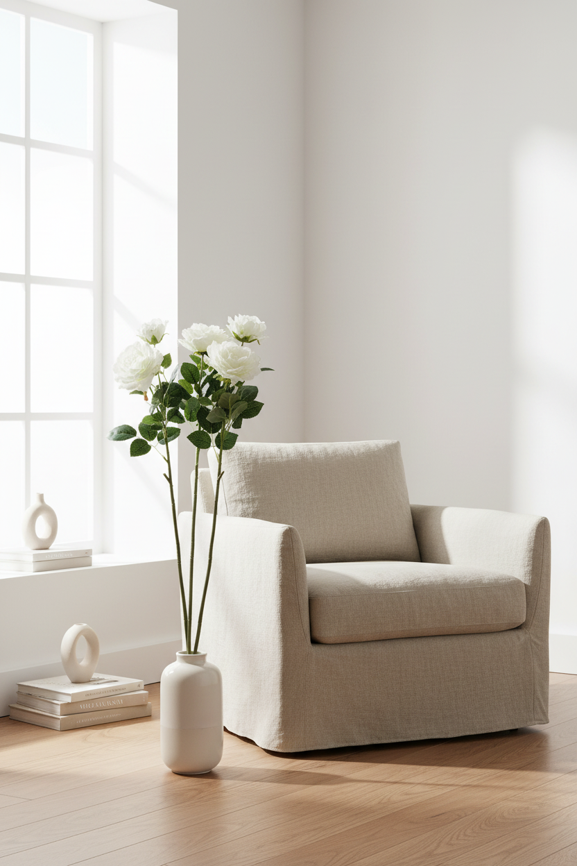 Artificial rose stems with white blooms in a tall vase beside a cream armchair.