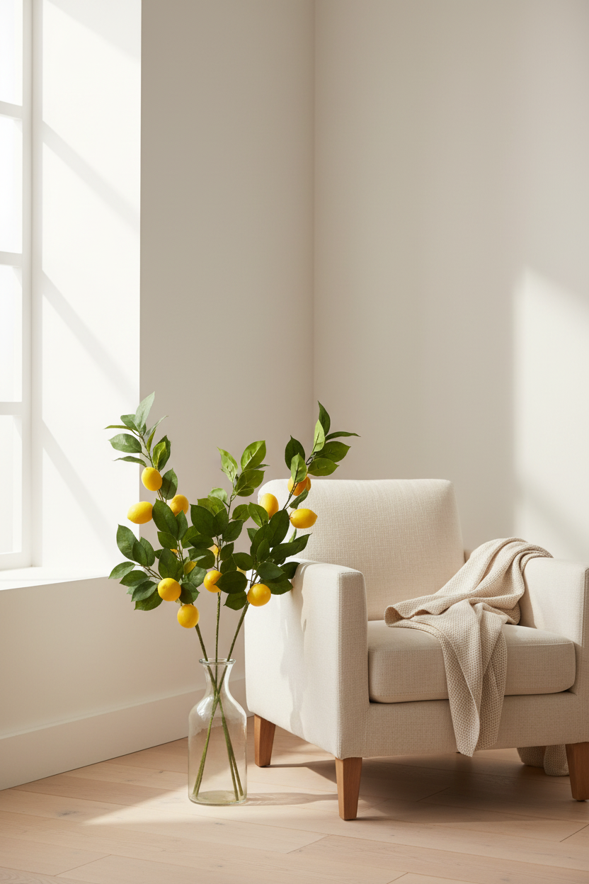 A clear glass vase filled with a lemon branch, placed beside a cream upholstered armchair with a draped beige throw blanket in a sunlit room.