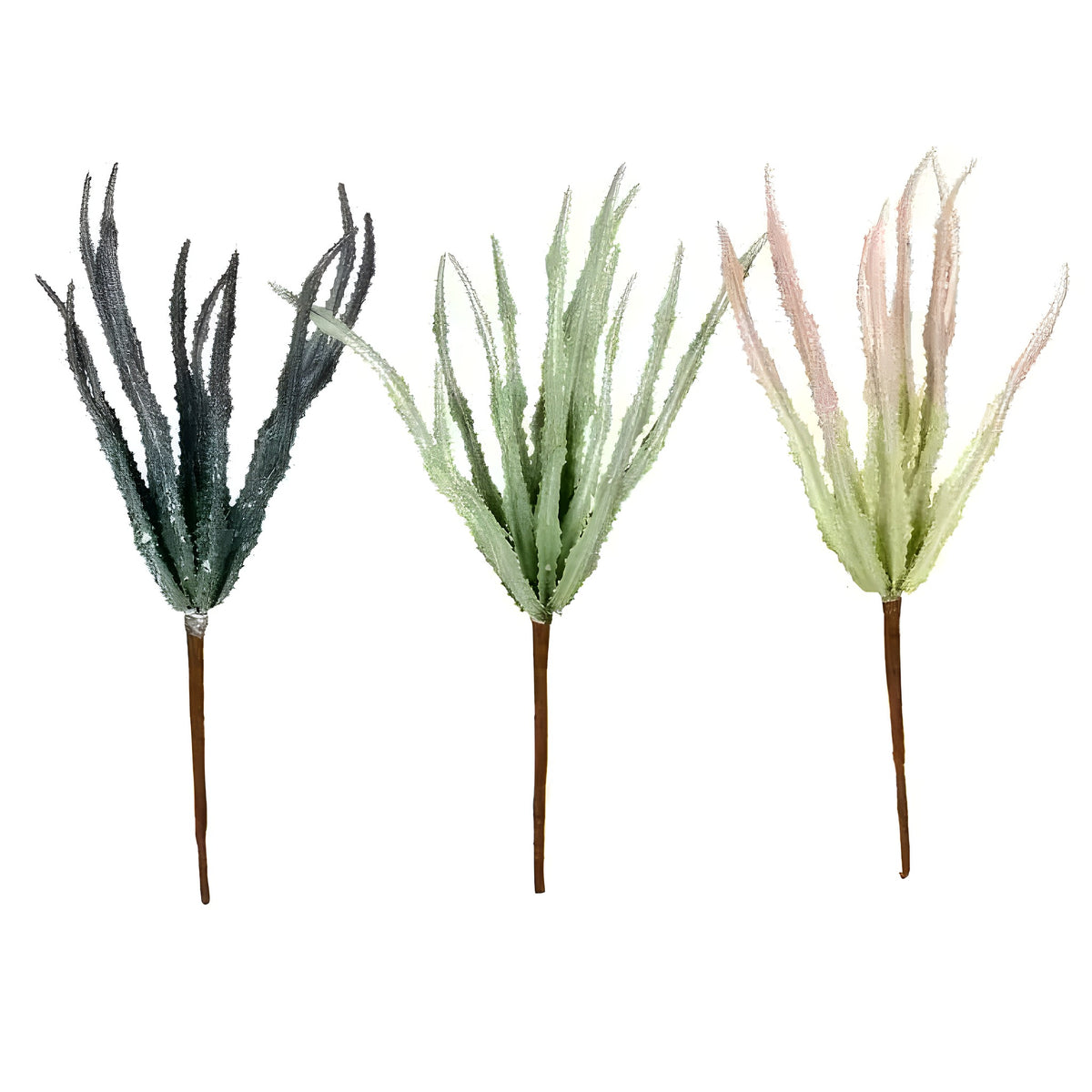 Three artificial haworthia branches in dark gray-green, sage green, and blush-pink colorways on white background