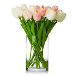 Faux real-touch tulip centerpiece in clear glass cylinder vase, mixed pink and white blooms