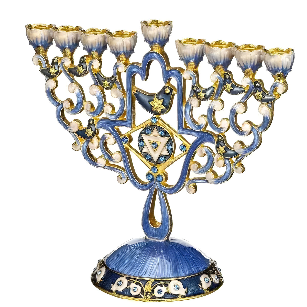 Blue and gold enamel menorah candelabra, 9-arm scrollwork body with Star of David center, white background