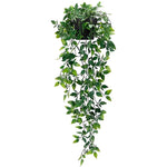 Artificial hanging potted plant in black plastic pot on white background, long cascading variegated green-and-white leaves