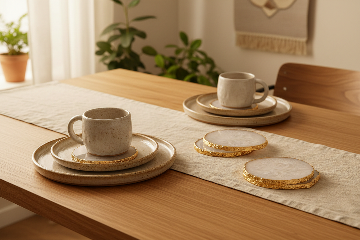 A styled dining table setting with beige ceramic plates, a matching mug, and gold-trimmed coasters on a light wood table runner in a softly lit room.