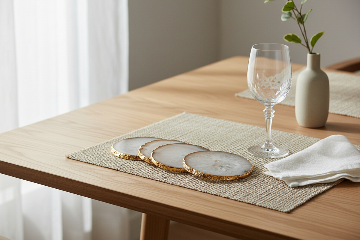 A styled dining table setting with woven beige placemats, round gold-edged coasters, a clear wine glass, a folded white napkin, and a small beige vase with greenery on a light wood table.