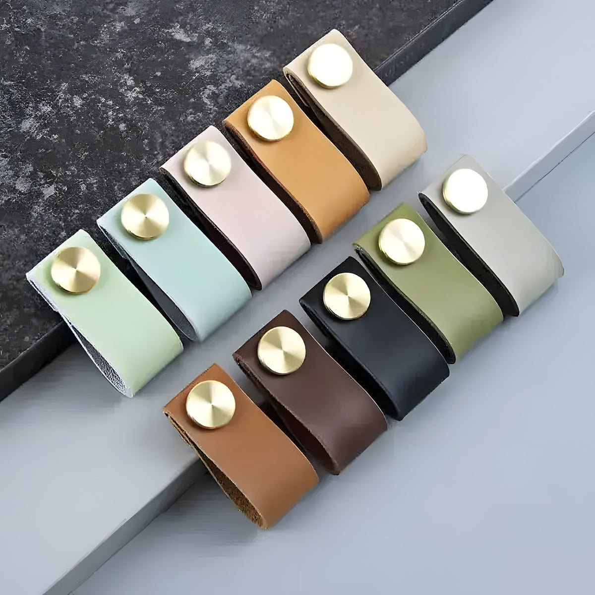 Leather cabinet drawer knob set in mint, pink, tan, olive, black and brown with brass round studs on dark stone