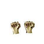 Pair of polished gold fist-shaped cabinet knobs on white background, front view