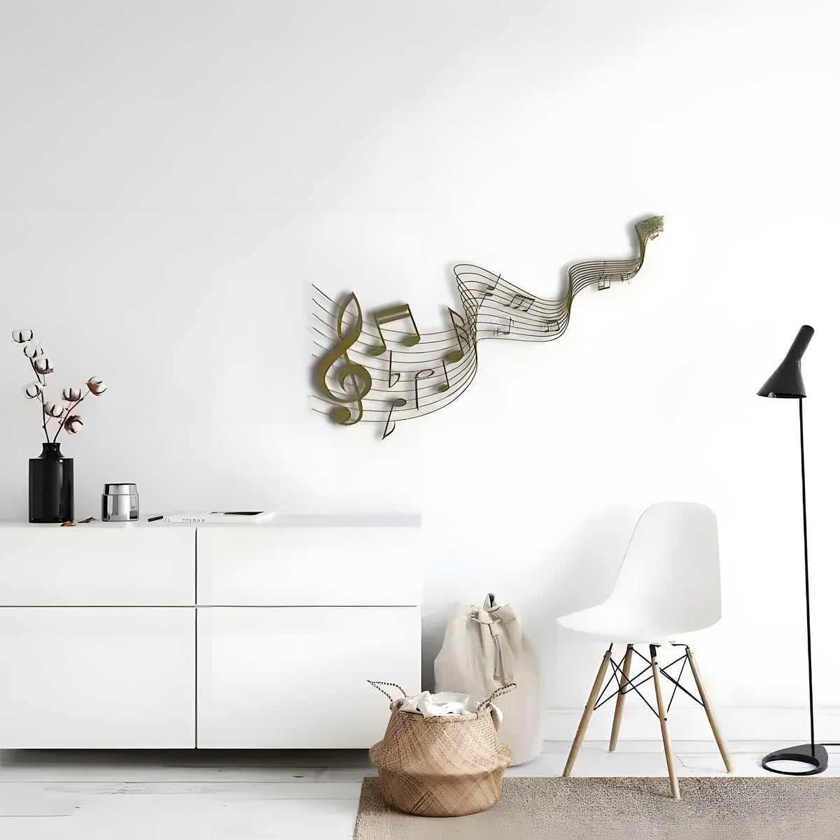 Gold wavy music staff with treble clef on white wall in minimalist room with white TV cabinet and modern chair