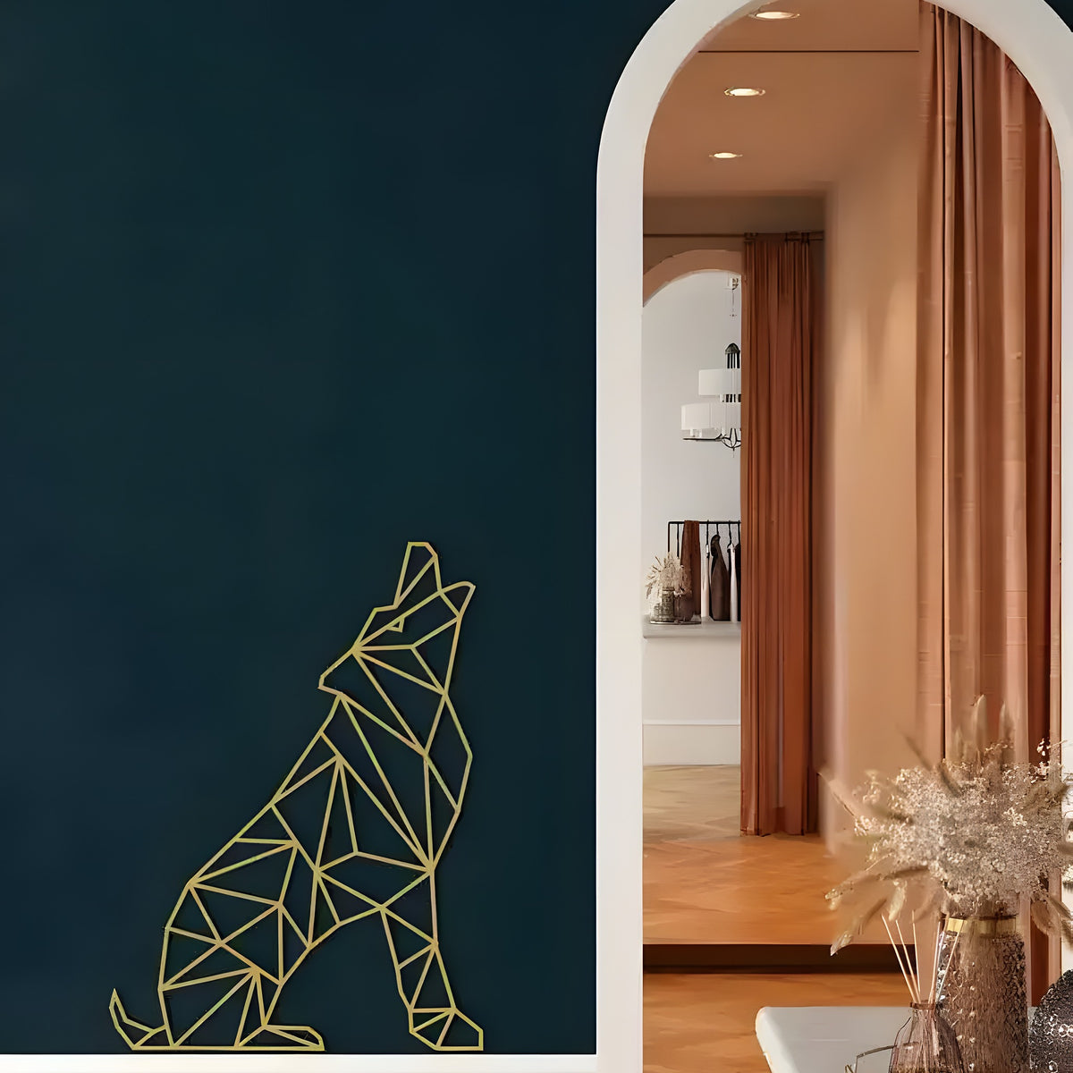 Gold geometric wolf in howling seated pose on dark navy wall beside white arch doorway