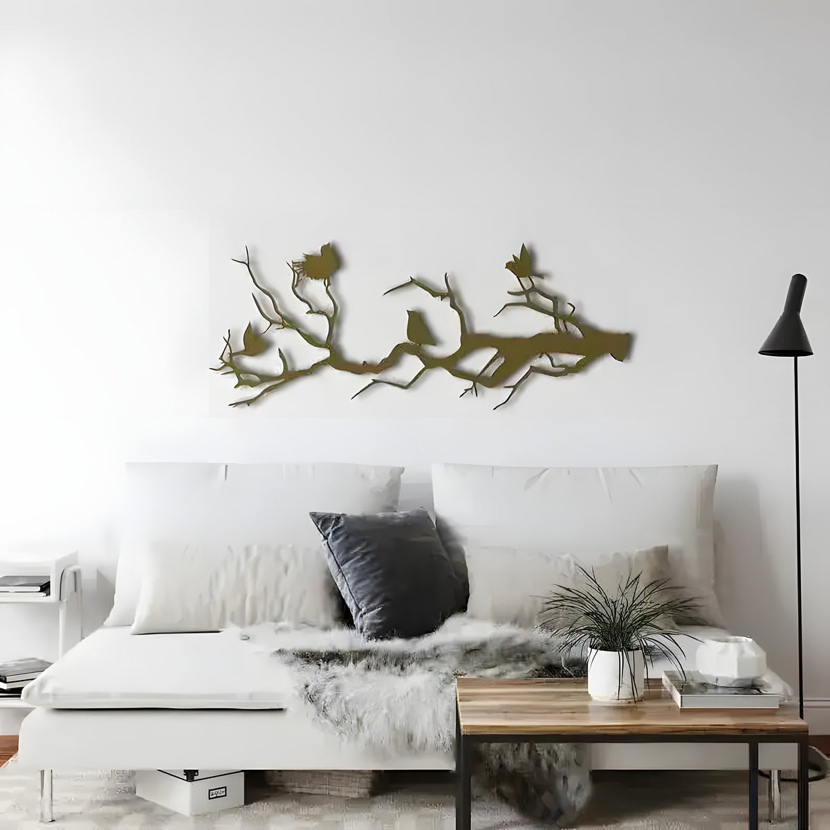 Birds on Branch Metal Wall Decor in gold finish, perched songbirds on white wall above entryway console