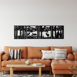 4-panel deer family metal wall art in black — antlered deer and fawn in forest with mountains, above leather sofa