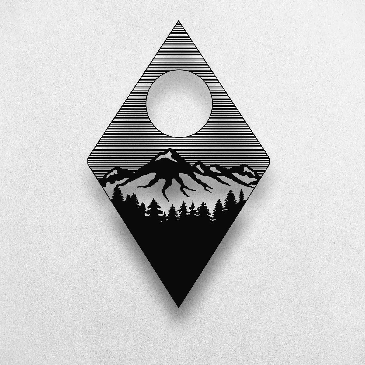 Black mountain-and-sun-in-diamond metal art product view — striped triangle, sun cutout, pine and peak scene