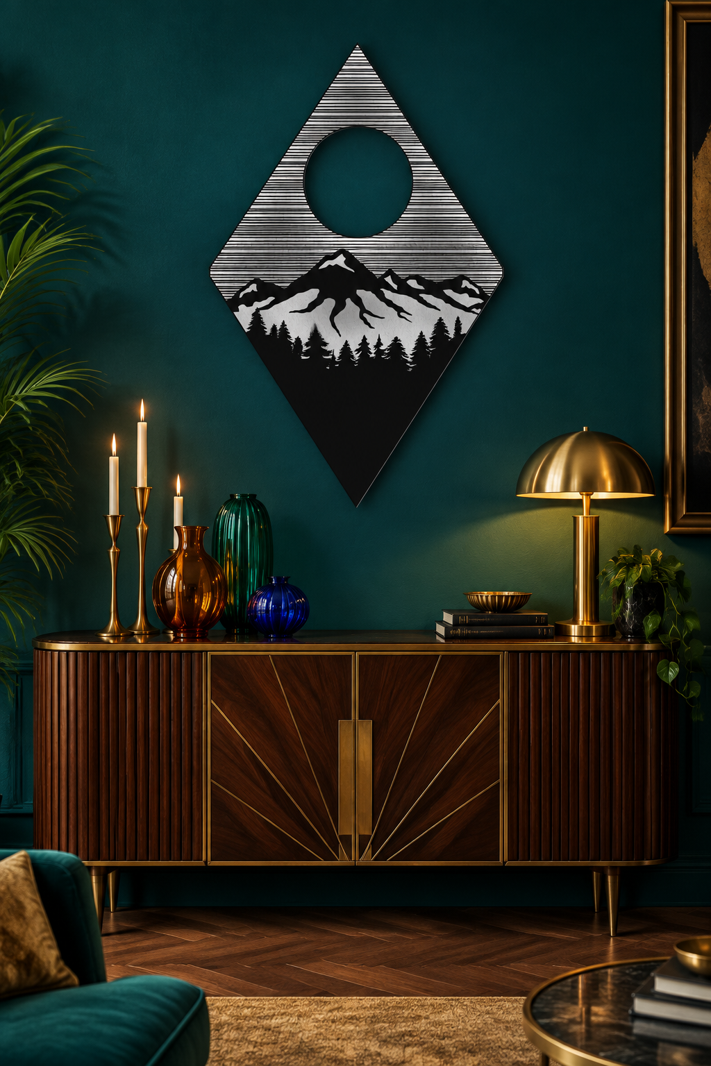 Mountain And Sun in Diamond Metal Wall Art