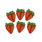 Set of 6 Easter carrot beaded coasters in orange and red seed beads with green leafy tops, flat lay on white