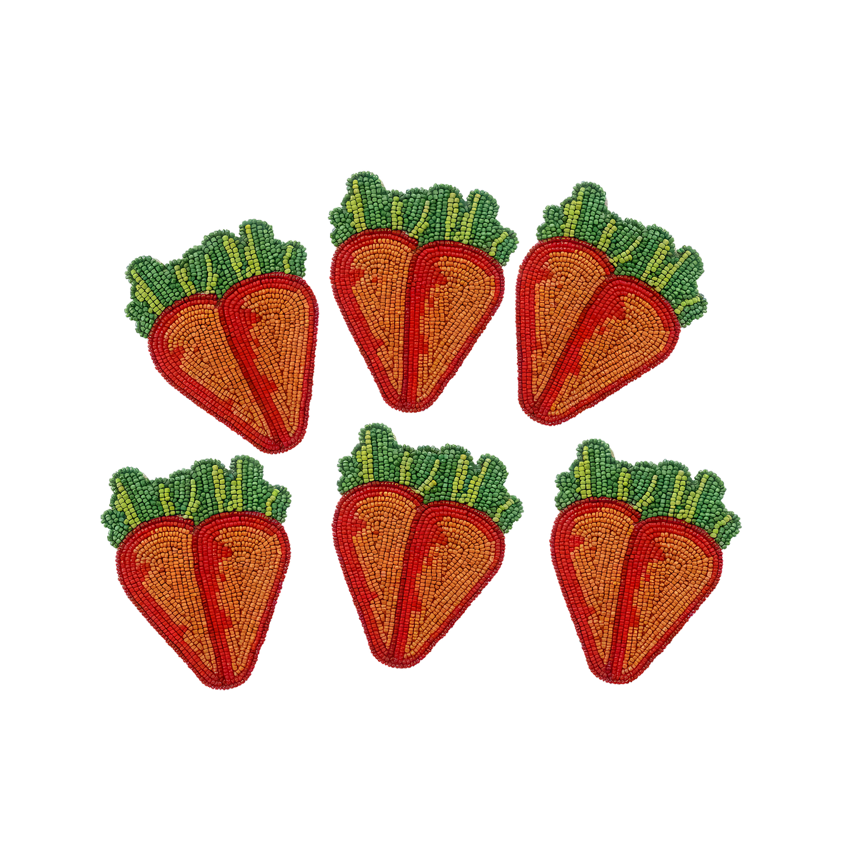 Set of 6 Easter carrot beaded coasters in orange and red seed beads with green leafy tops, flat lay on white