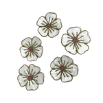 Set of 5 white gold floral beaded sequin coasters on white background, iridescent petal sequins, gold bead lines, crimson centers