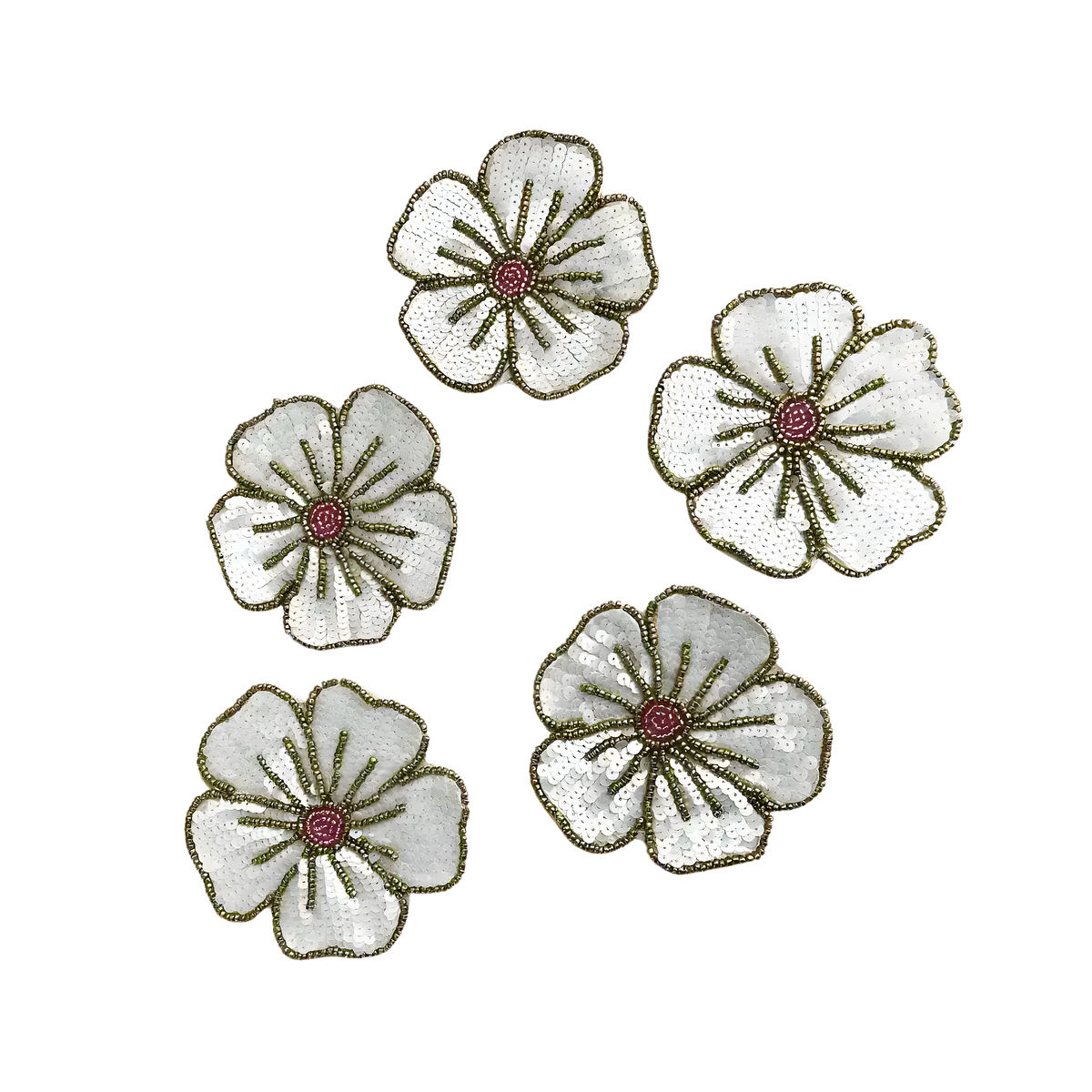 Set of 5 white gold floral beaded sequin coasters on white background, iridescent petal sequins, gold bead lines, crimson centers