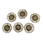 Set of six white and gold flower-shaped beaded coasters arranged on white background, front product view