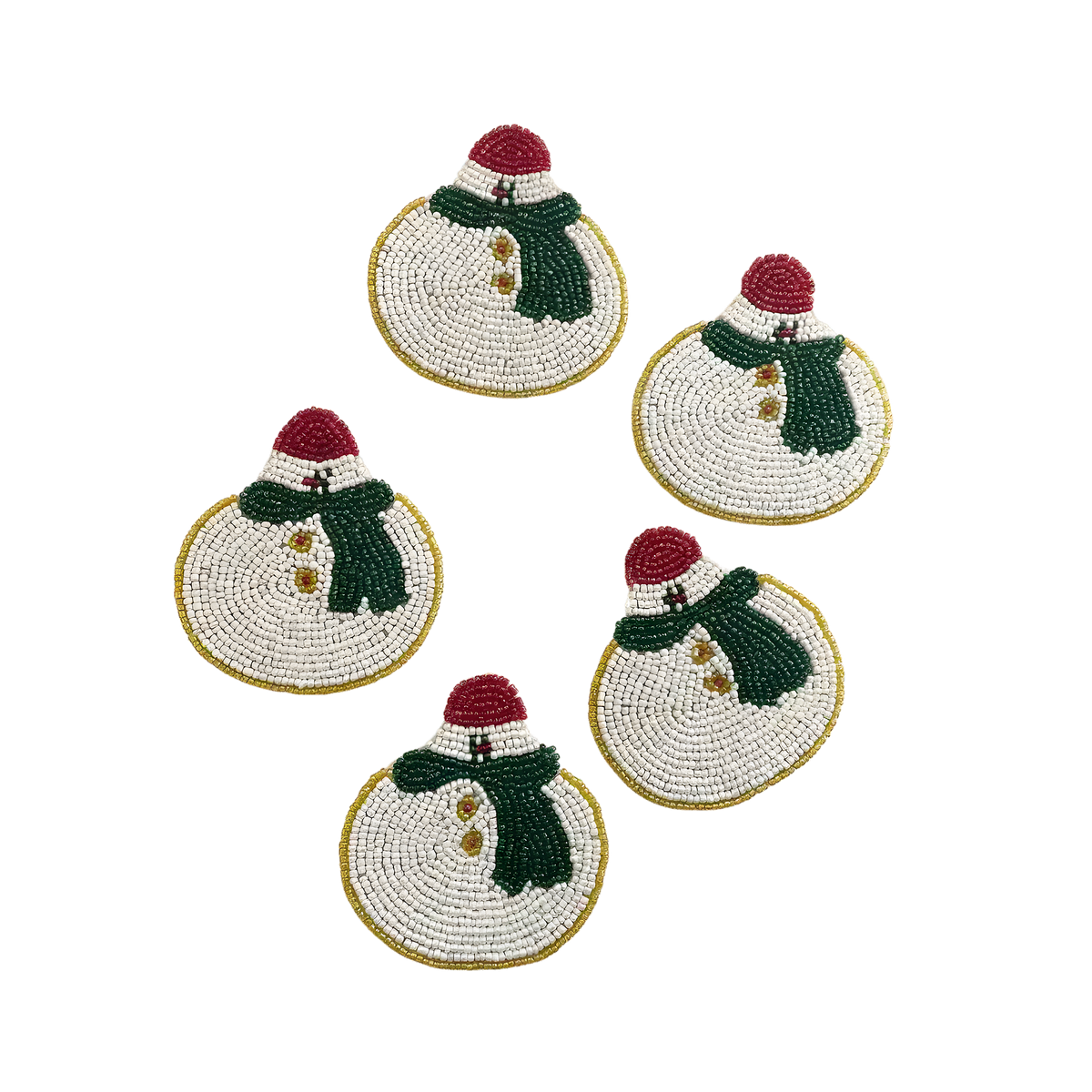 Set of 6 snowman beaded coasters with white bead base, red hat, green scarf and gold border, flat lay view