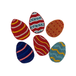 Set of 6 Easter egg bead coasters in a circle on white background, each with unique colorful stripe and zigzag patterns