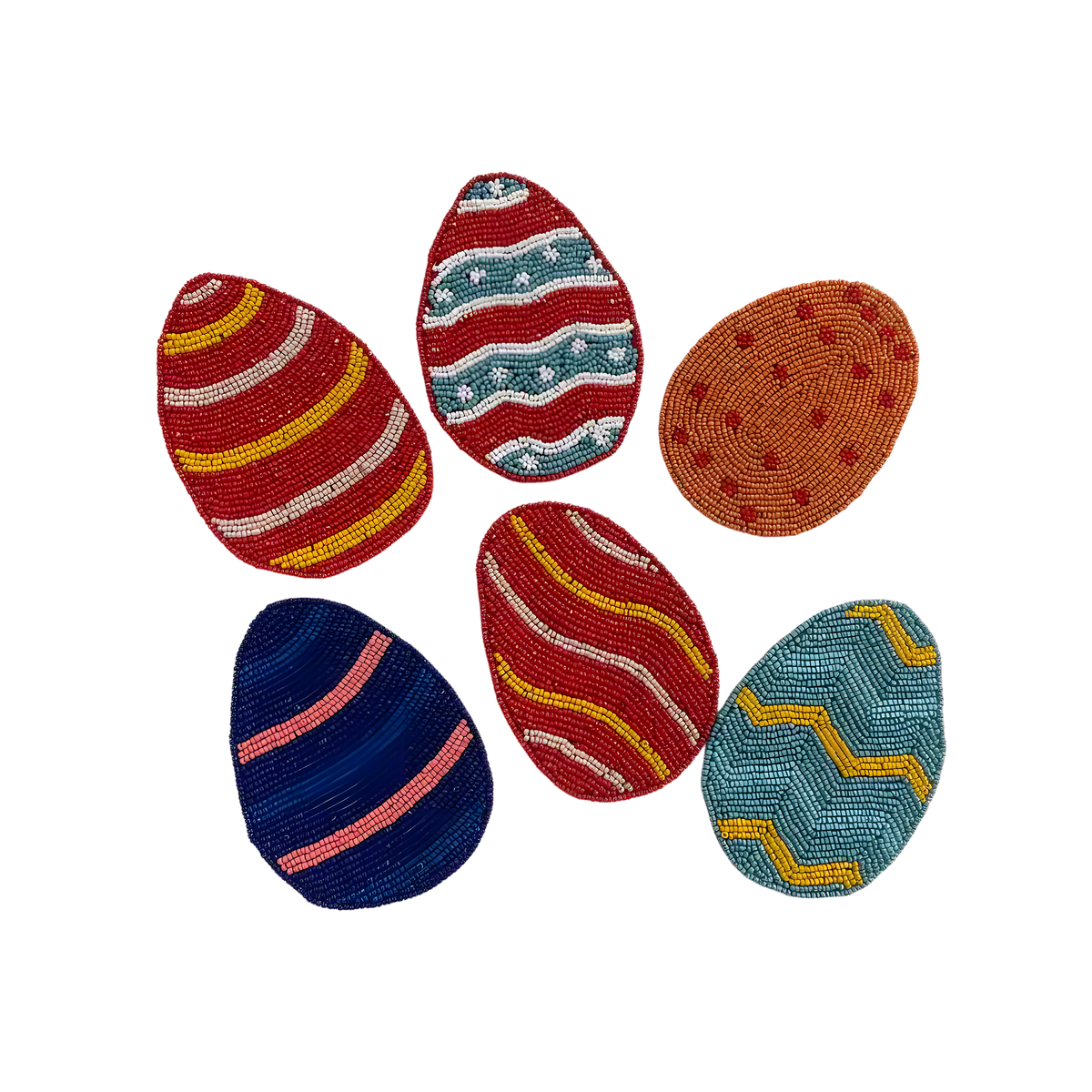 Set of 6 Easter egg bead coasters in a circle on white background, each with unique colorful stripe and zigzag patterns