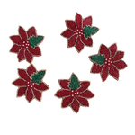 Set of 6 red Christmas blossom beaded coasters arranged in circle, poinsettia shape with green leaf and gold border