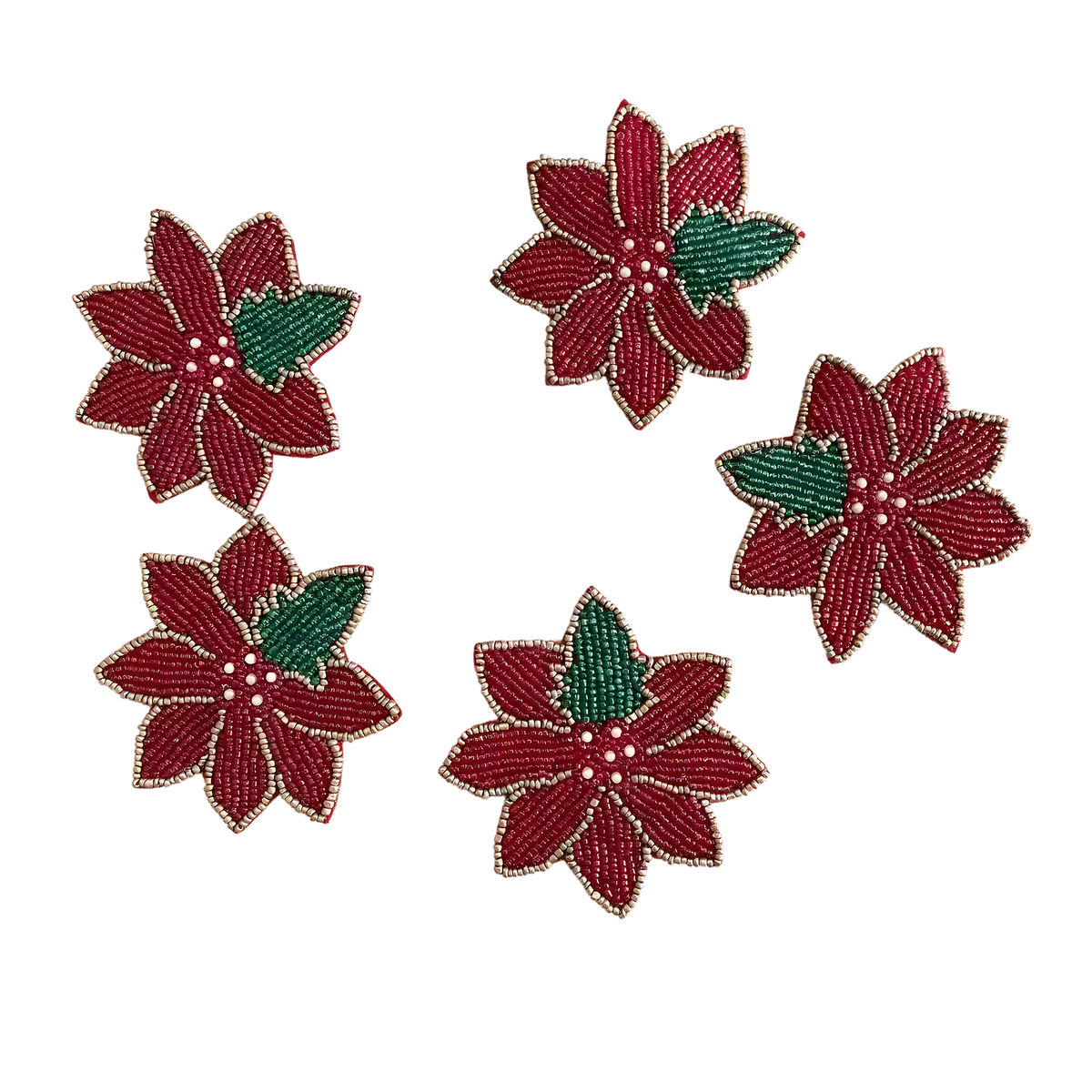 Set of 6 red Christmas blossom beaded coasters arranged in circle, poinsettia shape with green leaf and gold border