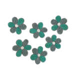Set of 6 turquoise and grey beaded flower-shaped coasters with white center on white background