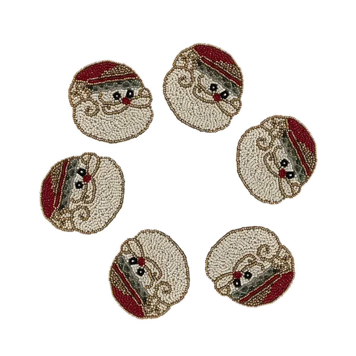 Set of 6 Santa Claus beaded coasters in circle on white, round cream and gold face with red hat brim and rosy nose