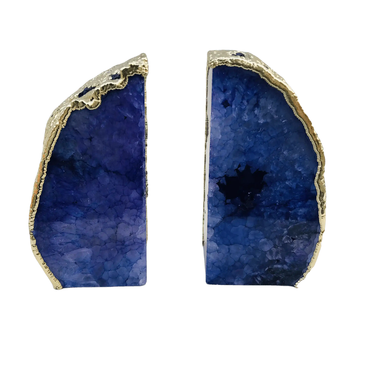 Pair of indigo plated agate bookends, two deep blue natural stone slices with gold-plated irregular edges, white background