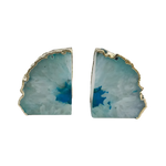Pair of Aqua Plated Agate Bookends, two teal agate geode slices with gold-plated irregular edges on white background