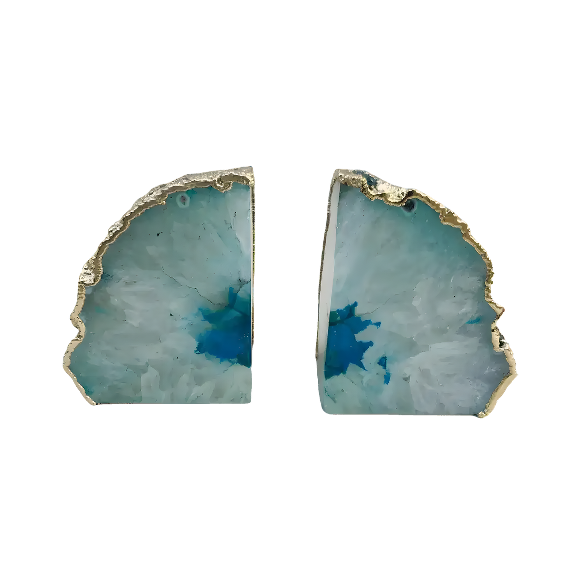 Pair of Aqua Plated Agate Bookends, two teal agate geode slices with gold-plated irregular edges on white background