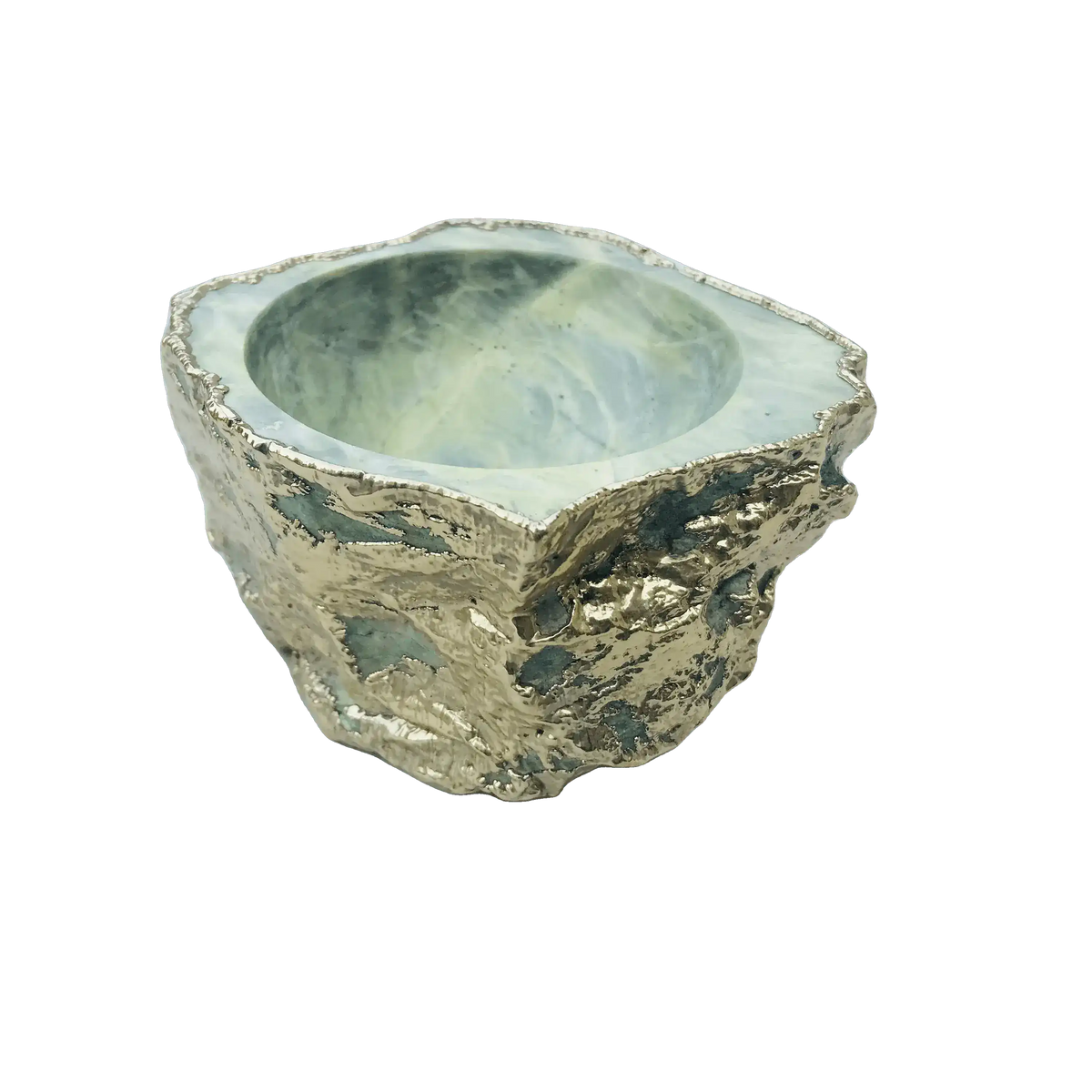 Lime green agate geode trinket bowl 3/4 view, silver-plated rough exterior with sage green white swirled agate interior