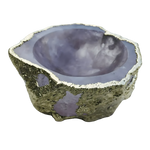Rose Quartz Agate Jewelry Bowl with lavender translucent interior and rough gold-plated exterior on white background