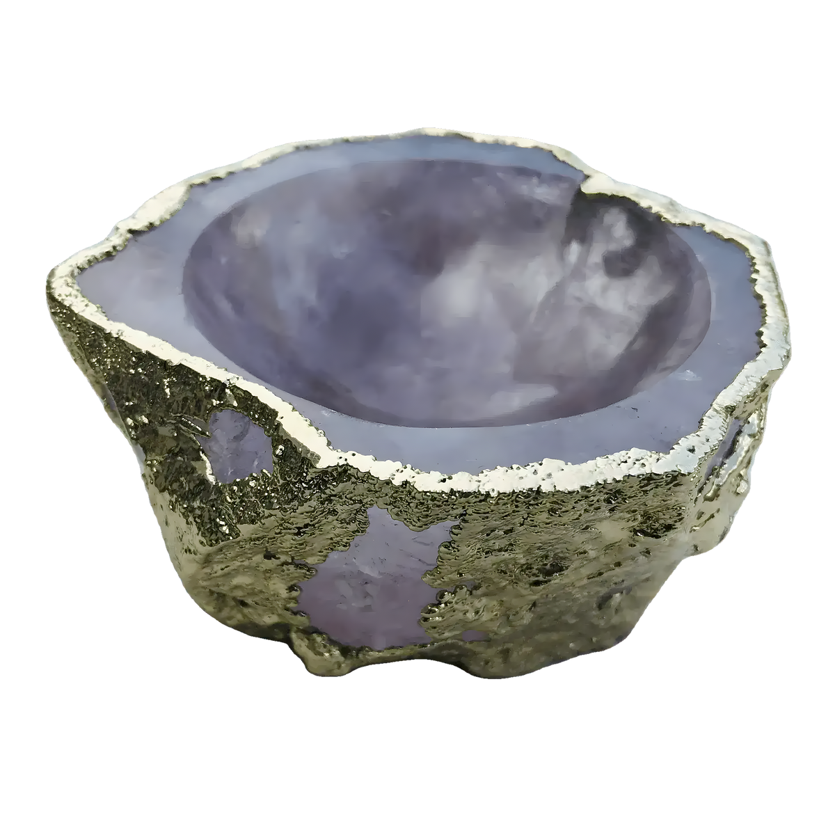 Rose Quartz Agate Jewelry Bowl with lavender translucent interior and rough gold-plated exterior on white background