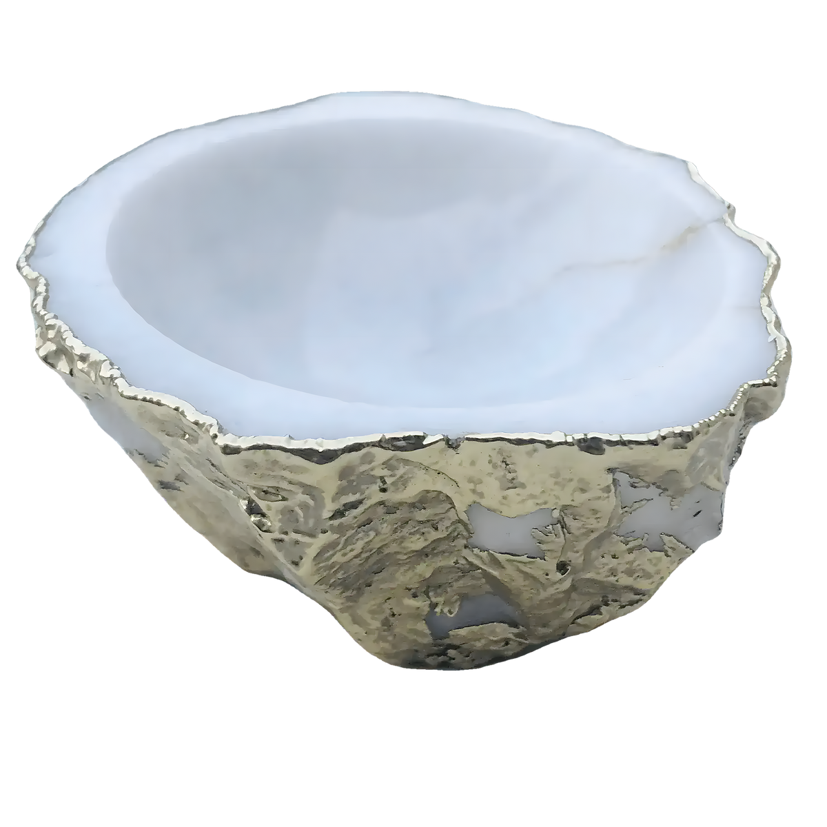 White agate geode jewelry bowl with smooth white interior and rough gold-plated exterior, irregular geode shape