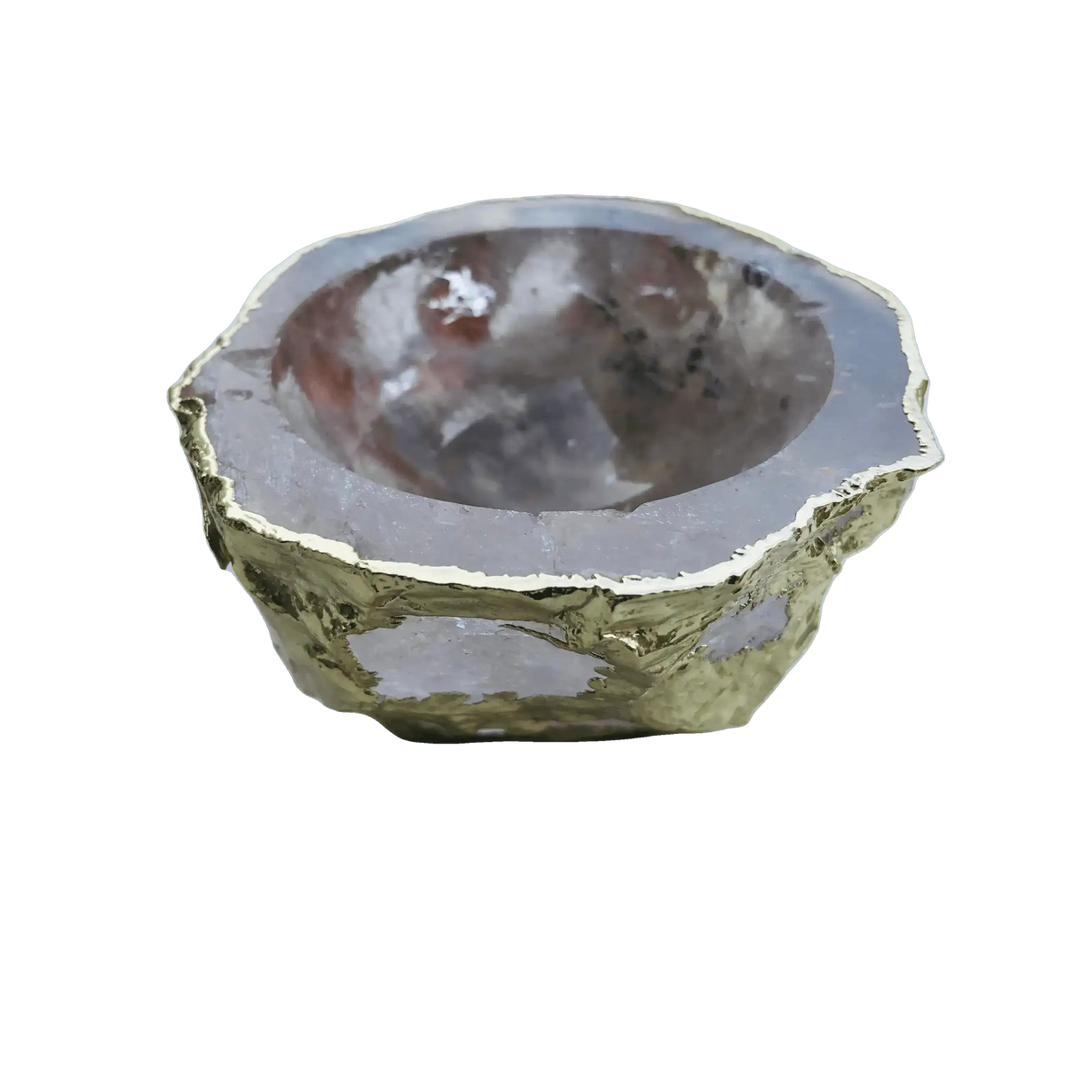 Clear quartz crystal jewelry bowl angled top-down with gold-plated exterior and crystal interior