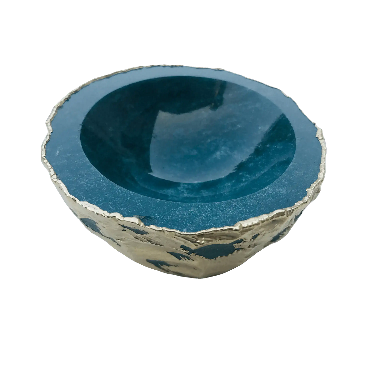 Teal blue green agate geode jewelry bowl with gold plated rough exterior, hollow interior visible, side view on white
